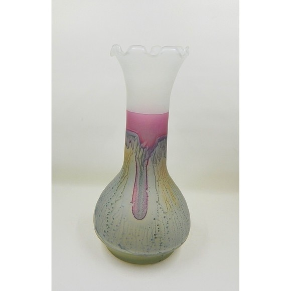 Rueven Art Glass Watercolor Drip Hand Painted Satin Bud Vase Ruffle Top 9 Inch - Picture 2 of 12